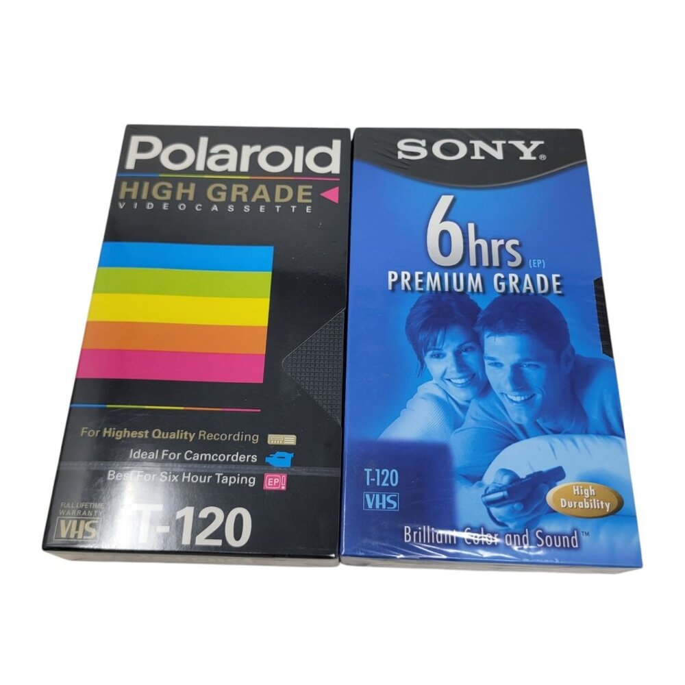 Blank VHS Tapes Lot of 2 Polaroid High Grade Plus T-120 6 HR Sony New